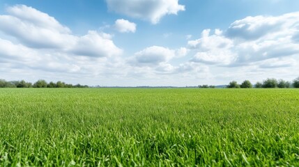 Obraz premium Expansive green field under a partly cloudy sky. A vast expanse of vibrant green grass stretches to the horizon, with scattered, fluffy white clouds against a clear blue sky. 