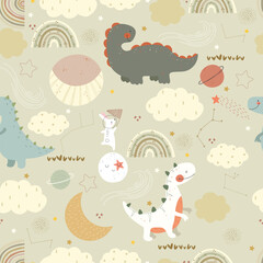 Hand drawn sky, planets, clouds, stars, rainbows and dinosaurs. Seamless pattern with animals and space. Kids illustrtaion.