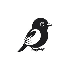A black and white vector silhouette of a tiny bird hopping on the ground with its tail lifted and beak pointed forward on a white background