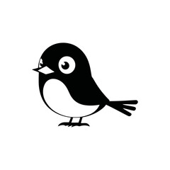 A black and white vector silhouette of a cute bird with a puffed-up chest, round body, and wings slightly open on a white background