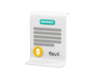Contract document with a gold coin and signature icon 3d rendering illustration