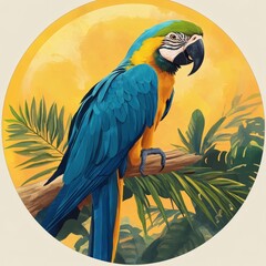 A blue and yellow parrot is perched on a branch