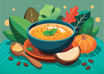 Autumn soup with pumpkin and corn.