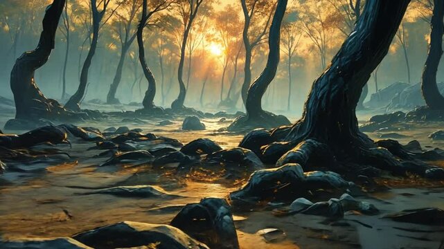 Misty Forest Scene with Sunlight Breaking Through