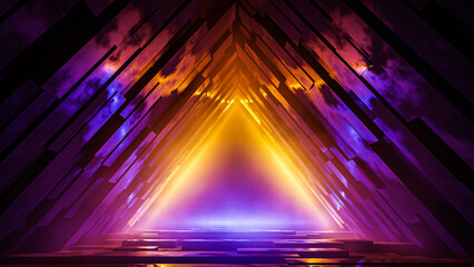 A surreal and futuristic 3D environment featuring a glowing triangle portal with vibrant neon purple and yellow lighting. Perfect for sci-fi, technology, or fantasy backgrounds. © Rafid