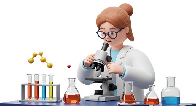 Female scientist using microscope in laboratory with test tubes and beakers