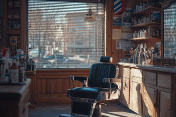 Classic Barber Shop Interior, Nostalgic Setting with Vintage Chair, Tools, and Wooden Accents, Photography