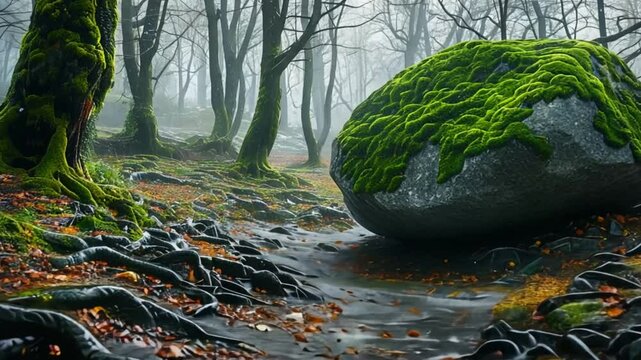 Moss-Covered Boulder in a Green Forest