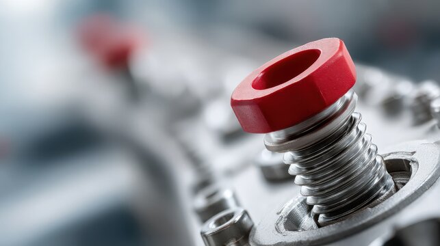 A close-up shot of a metallic component featuring a red knob, showcasing intricate details and textures, ideal for industrial and engineering contexts.