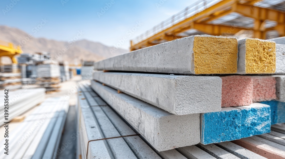 Poster stacked concrete blocks in various colors against a construction backdrop, highlighting materials us