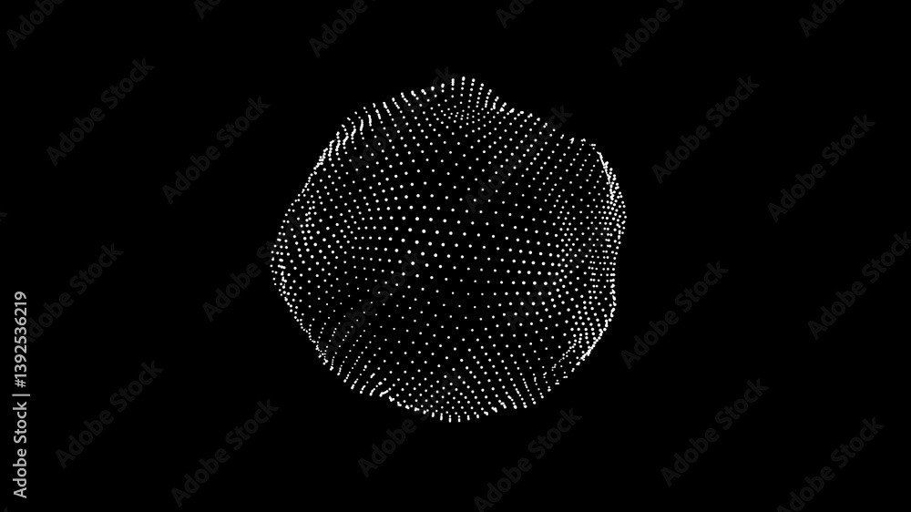 Poster abstract waving sphere made of turbulent white particles on black, complex fractal evolving network 