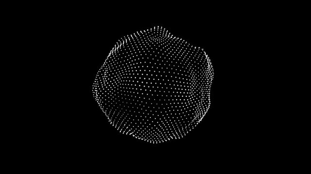 Abstract waving sphere made of turbulent white particles on black, complex fractal evolving network concept. 4k 3d looping animation background.