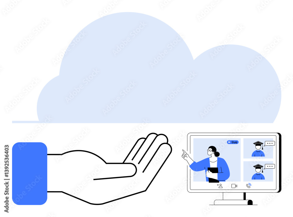 Poster hand supporting virtual communication represented by a cloud and an online meeting scene on a comput