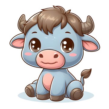 Cute Cartoon water buffallo Sitting on White Isolated Background
