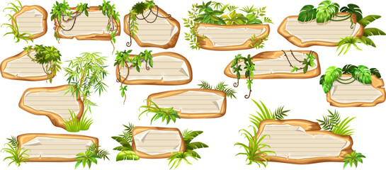 Game panels in jungle with liana branches and leaves, ivy. Set isolated wooden elements with old paper, with school page in line, ragged graph paper. Vector signboards with school page.