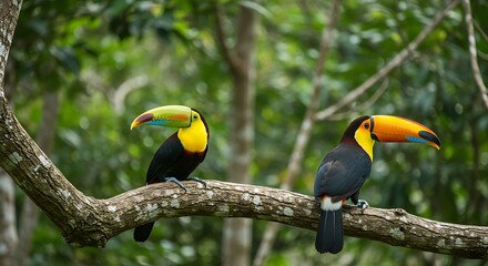 Obraz premium Toucan tropical bird sitting on a tree branch in natural wildlife environment in rainforest jungle
