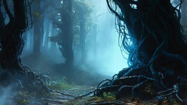 Ethereal Blue Light in a Misty Forest at Night