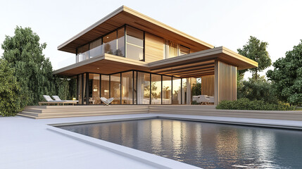 Fototapeta premium Modern house with pool and large windows, surrounded by trees