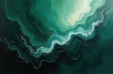 Obraz premium Abstract art illustration with dark green, white, black swirling forms. Fluid, flowing movement, with textural paint strokes. Modern art canvas, painting. Dynamic composition with contrast. Design