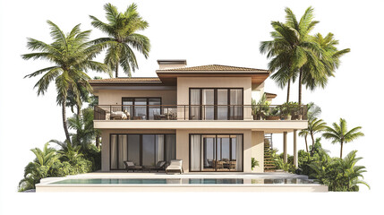 Fototapeta premium Modern resort style house with palm trees and pool, exuding luxury