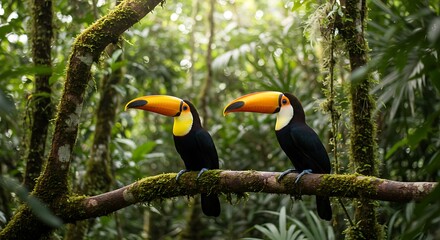 Naklejka premium Toucan tropical bird sitting on a tree branch in natural wildlife environment in rainforest jungle