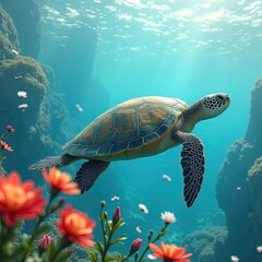 Obraz premium Sea turtle swims in ocean through coral reef with marine wildlife. Tropical underwater ecosystem with blue water, sunlight.