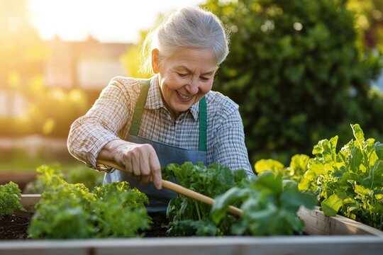 Active senior woman in comfortable clothing tending to accessible raised garden beds using adaptive gardening tools designed for arthritis during peaceful morning sunlight for therapeutic wellness.