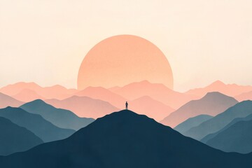 Obraz premium A lone figure stands atop a mountain under a bright sunset