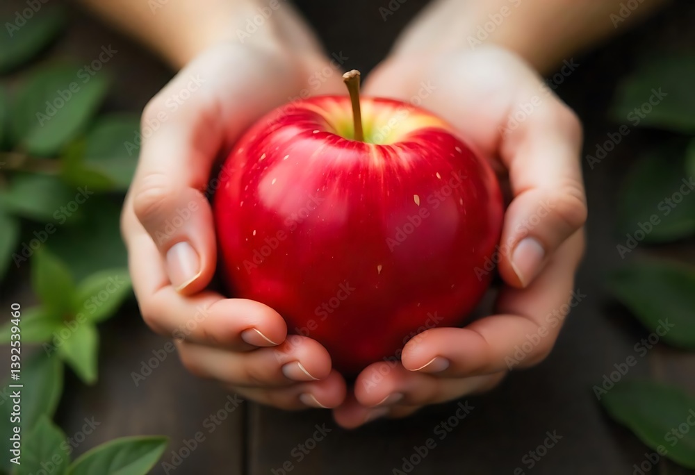 Poster generative ai image of a vibrant red apple held delicately in open hands