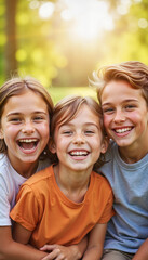 Obraz premium Smiling group of three happy children outdoors in sunlight