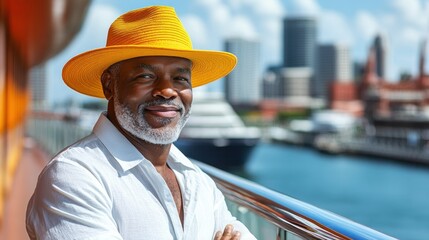Smiling Man in Yellow Hat on Cruise Ship Balcony