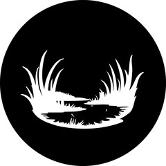 Black and White Roundel Depicting Abstracted Grasses Growing Near Still Water