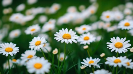 Fototapeta premium A vibrant field of white daisies with bright yellow centers, softly blurred in the background, creating a cheerful, natural scene
