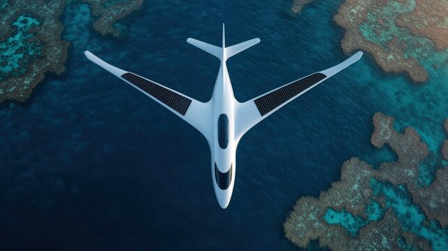 Futuristic aircraft soaring above a coral-rich ocean with solar-powered wings, representing innovation in green transport, environmental conservation, and climate-friendly aviation.