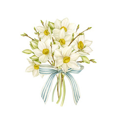 Fototapeta premium Bouquet of Daffodils watercolor illustration isolated from background. Spring flowers and branches tied with a bow for postcards, stationery, seasonal decoration