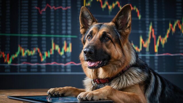 Dog engaging with technology in a financial market setting - Powered by Adobe