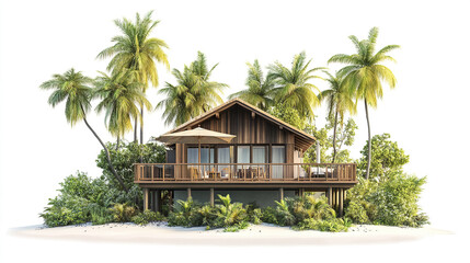 Tropical house surrounded by lush palm trees, exuding serene vibe
