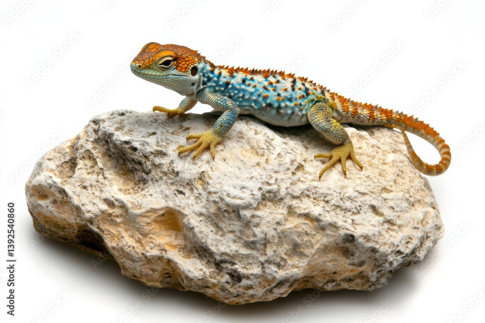 Poster colorful lizard rests on textured rock with drop shadow against a plain white background, showcasing
