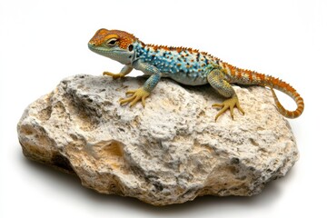 Obraz premium Colorful lizard rests on textured rock with drop shadow against a plain white background, showcasing its vibrant hues and intricate patterns