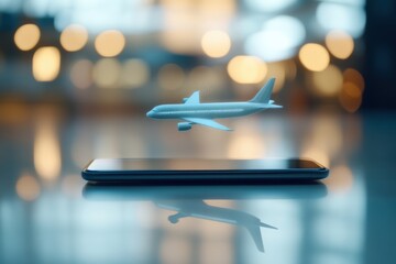 Ai-powered travel assistant projected from smartphone screen showing live itinerary updates in busy airport terminal, illustrating future of smart mobility and digital convenience in global travel.