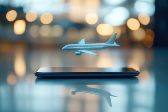 Ai-powered travel assistant projected from smartphone screen showing live itinerary updates in busy airport terminal, illustrating future of smart mobility and digital convenience in global travel.