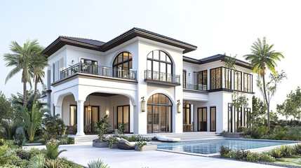 Elegant resort style house with pool and palm trees, exuding luxury