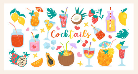 Tropical summer set with cocktails, exotic fruits, ice cubes in flat colorful style perfect for beach bars, menus, party decor, packaging and summer designs. Vector illustration