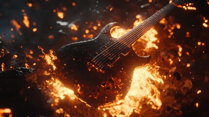 Fototapeta premium A heavy metal scene with a black guitar on fire, molten sparks bursting in the air, set against a dark grungy backdrop