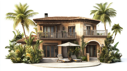 Fototapeta premium Resort style house with palm trees and lounge chairs on white background