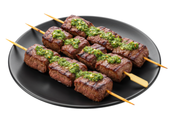 Grilled beef skewers topped with vibrant green sauce on a black plate