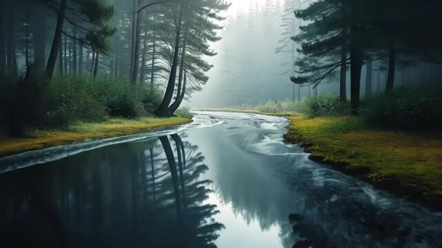 Reflective River Flowing Through a Misty Pine Forest