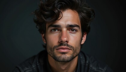 Close-up portrait handsome young man on black background. Brunette hair, stylish beard, brown eyes. Serious expression. Perfect skin, male beauty. Ideal for fashion, beauty product promotion.
