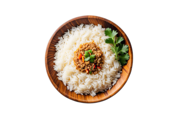 Rice and minced meat dish with green garnish served in wooden bowl for restaurant menu, product showcase, cooking blog, recipe, with png transparent background