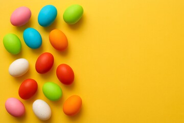 Obraz premium Vibrant Easter eggs arranged on a yellow backdrop, offering copy space for holiday greetings